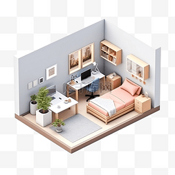 家居生活装饰图片_最小卧室房间的等距和标高的 3D 