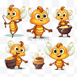 飞行的蜜蜂插画图片_卡通可爱蜜蜂吉祥物套装 卡通可