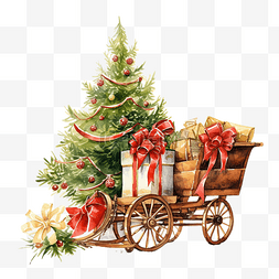 棕色的雪橇图片_带礼物和圣诞树明信片的圣诞雪橇