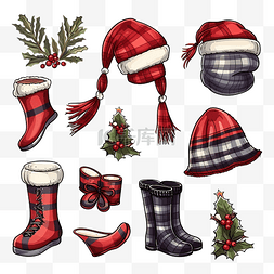 圣诞靴子素材图片_一套可爱的圣诞套装冬季配饰帽子