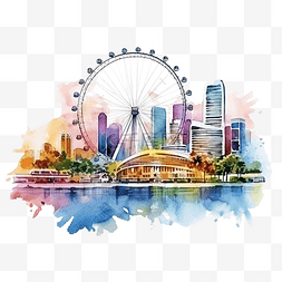 新加坡歌剧院图片_新加坡城市景观天际线彩色水彩风