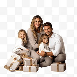 拿礼物的女人图片_幸福的家庭在白色壁炉前拿着装有