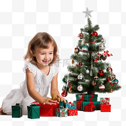 圣诞树附近玩圣诞玩具的小女孩