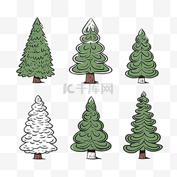线描手绘树图片_圣诞松树套装涂鸦风格素描用于着