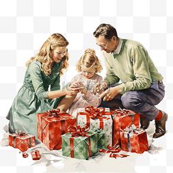 圣诞节那天，一家人在树下打开礼