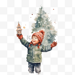 冬天的孩子，一个小男孩在圣诞树