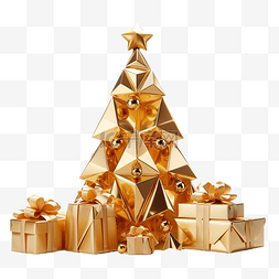 几何形状的金色圣诞树，配有灯泡