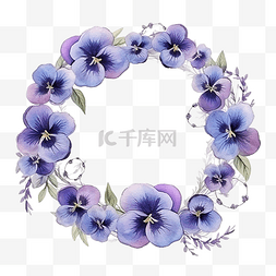 紫色三色堇花图片_水彩三色堇圆框花环