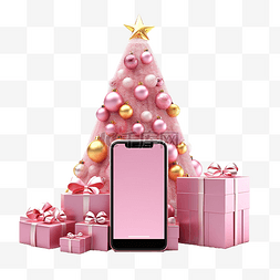手机与圣诞装饰品圣诞树和礼物旁