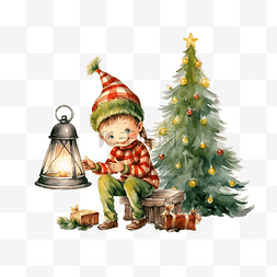 圣诞树灯和精灵的水彩插图