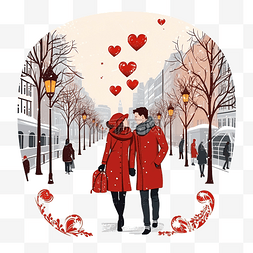 情侣一起在圣诞装饰的街道上散步