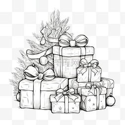 手绘礼物盒图形图片_圣诞快乐涂鸦，配有礼物和玩具，