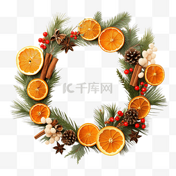 平躺的圣诞花环，由橘子和松果制