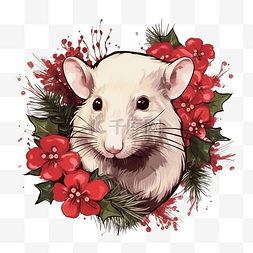 冬天搞笑卡通图片_手绘老鼠肖像与圣诞花矢量
