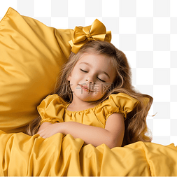 小女孩穿着黄色连衣裙躺在枕头上
