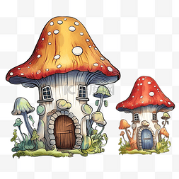童话剧海报图片_幻想蘑菇屋水彩矢量插画与线条艺