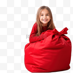 小女孩坐在大红色麻袋里，房间里