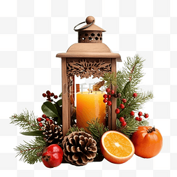 冬天的浆果图片_圣诞灯笼与橙苹果肉桂松枝和浆果