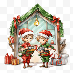精灵儿童图片_两个精灵在家庆祝圣诞节的插图