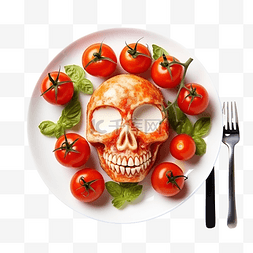 营养早餐食品图片_头骨形状的煎鸡蛋和新鲜西红柿