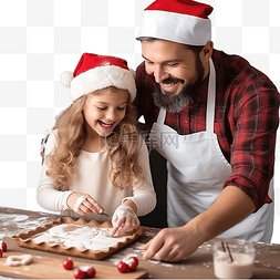 烤小饼干图片_带着小女儿戴着圣诞帽的年轻爸爸