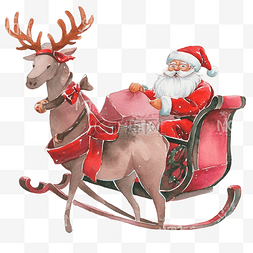 水彩圣诞老人雪橇 红色圣诞雪橇 