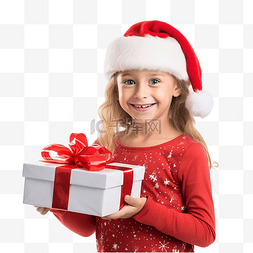 有趣的小女孩拿着圣诞礼物盒，穿