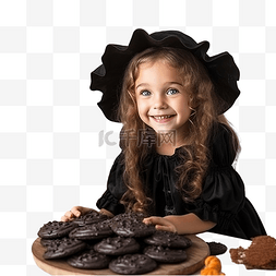穿着女巫服装的漂亮小女孩吃饼干
