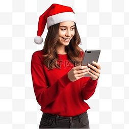 圣诞节折扣图片_戴着红色圣诞帽的年轻漂亮女孩手