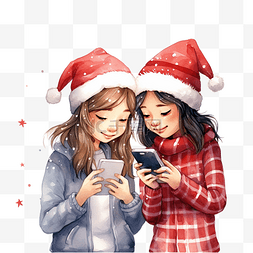 圣诞节在线家庭问候女孩用手机给