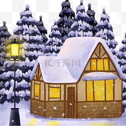 风景冬季图片_雪景木屋树丛