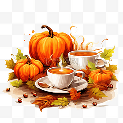 秋季矢量静物咖啡南瓜和叶子咖啡