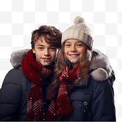 冬天走路的人图片_假日市场上快乐青少年男孩和女孩