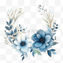 优雅叶子图片_水彩叶子和蓝色花花束花圈框架数