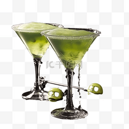 酒杯上的酒图片_黑暗中万圣节派对上的两杯绿色僵