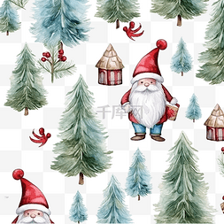 无缝树枝图片_水彩无缝圣诞图案与侏儒冷杉树冷