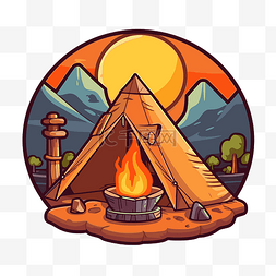 卡通帐篷和篝火与山和草 向量