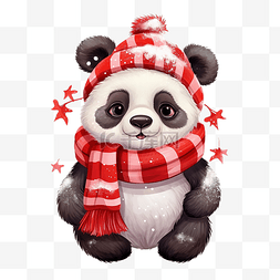 矢量熊猫图片_戴着圣诞帽子和围巾的有趣熊猫
