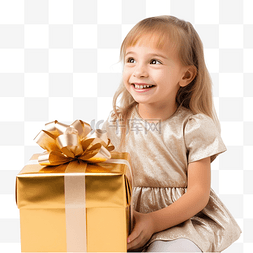 期待打开圣诞金盒礼物的小女孩