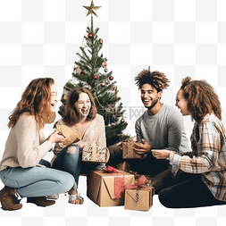 一群年轻朋友坐在圣诞树旁交换圣