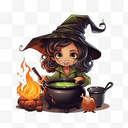 可爱的女巫在大锅里酿造药水万圣