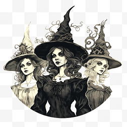 三个复古女巫聚集在一起度过万圣