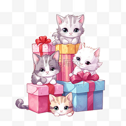 圣诞派对卡通图片_一群品种可爱的小猫猫在柔和的礼