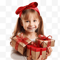 快乐的小女孩带着礼品盒庆祝圣诞