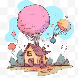 素描剪贴画天空中的房子与气球卡