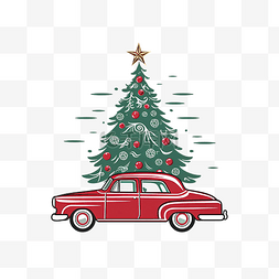 顶部有树的复古红车圣诞贺卡设计