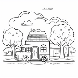 学校儿童背景图片_树林房车拖车着色页中的房子
