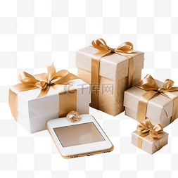 手机包装盒图片_女性在桌上的圣诞礼物附近使用手