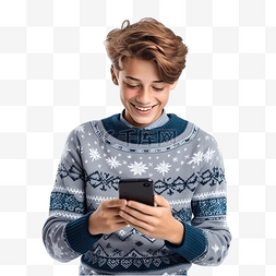 男肖像图片_穿着圣诞毛衣拿着电话的少年男孩