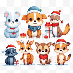 圣诞快乐捆绑动物人物插画